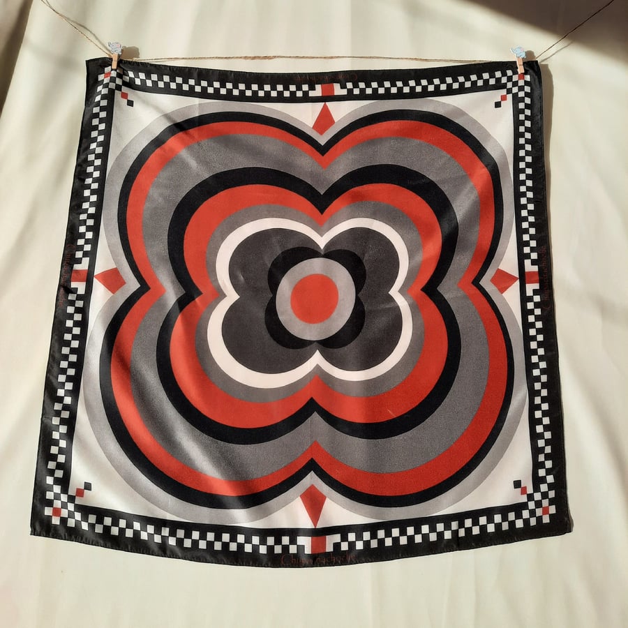 Gray Habotai Silk Scarf - Checkered Border & Geometric Flower Design