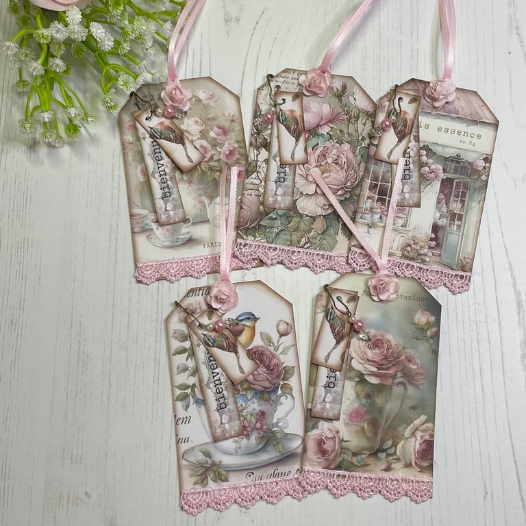 Ephemera - 5 Tags - Paris, Teacup, Roses & Bird by Carolee Crafts PB8 0042