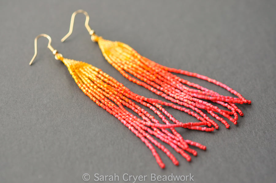 Firebird long beadwoven earrings