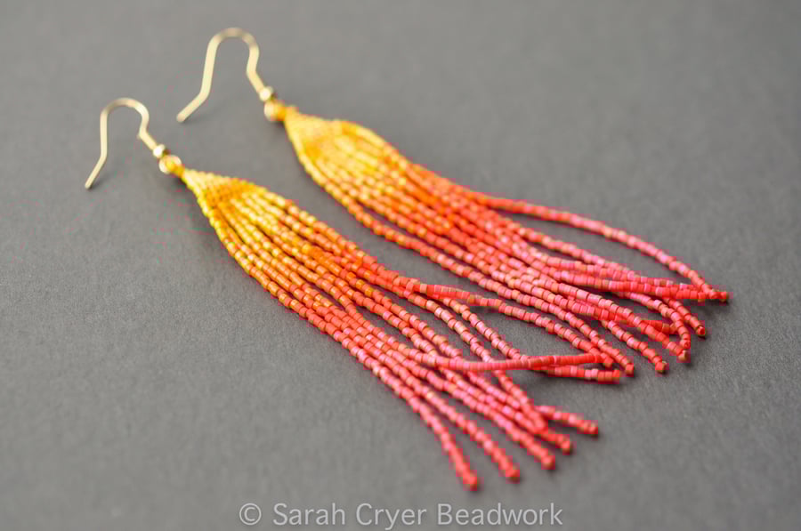 Firebird long beadwoven earrings