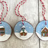 Set of 3 Hand Painted Christmas Decorations Wood Slice Art Mini Festive Houses