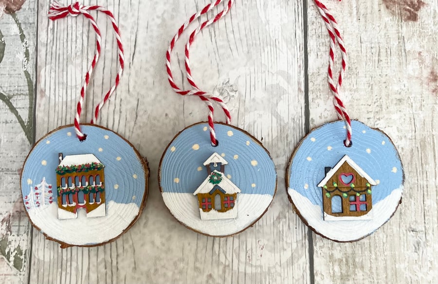 Set of 3 Hand Painted Christmas Decorations Wood Slice Art Mini Festive Houses