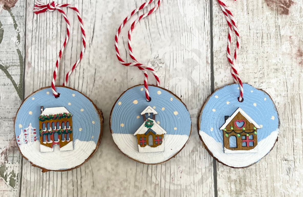 Set of 3 Hand Painted Christmas Decorations Wood Slice Art Mini Festive Houses