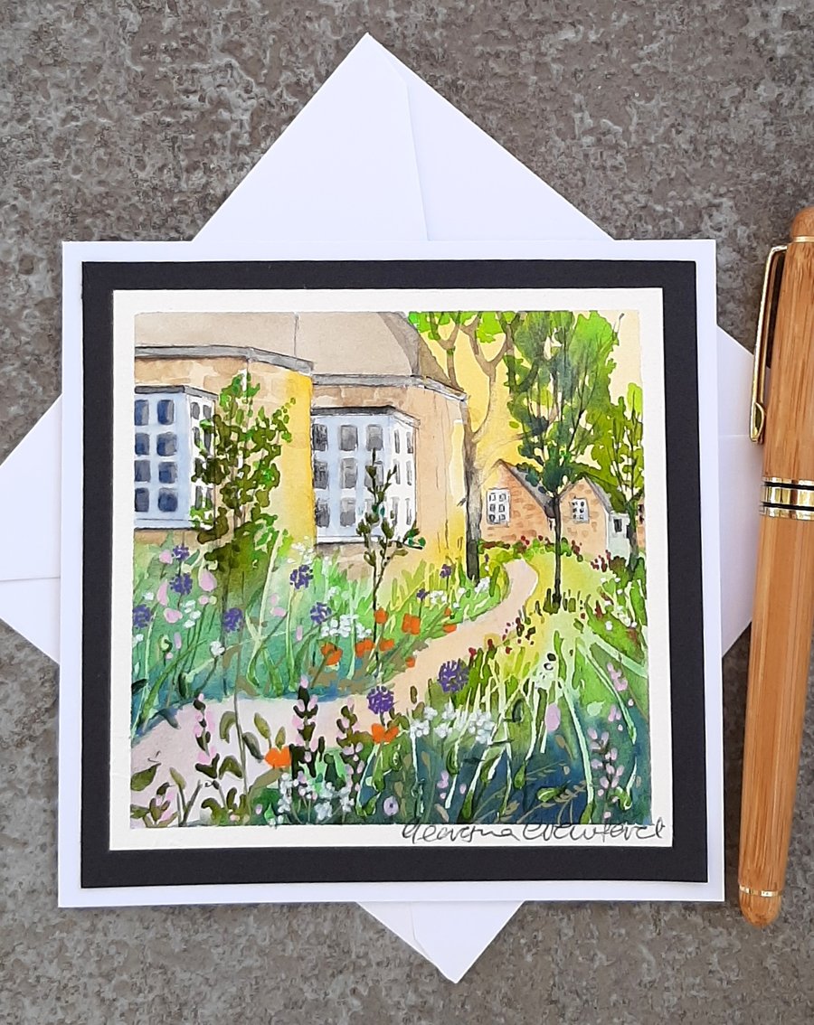 Handpainted Blank Card Of Gardens Full of Flowers