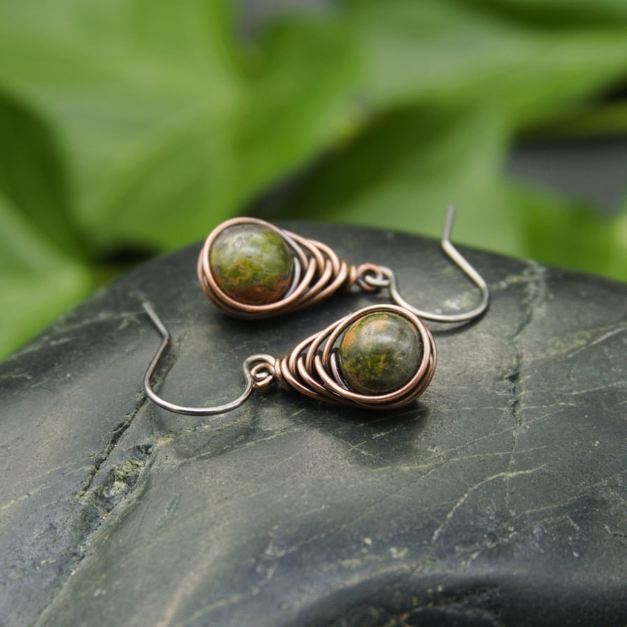 Copper Wire Wrapped Unakite Earrings