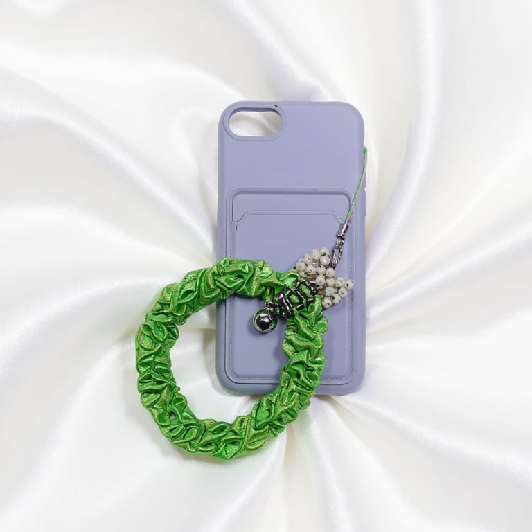 Handmade Green Satin Ribbon Beaded Phone Strap with Bell Accent