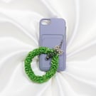 Handmade Green Satin Ribbon Beaded Phone Strap with Bell Accent