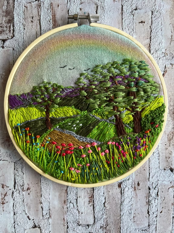 Rainbow landscape embroidery hoop art