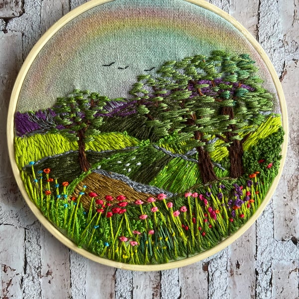 Rainbow landscape embroidery hoop art