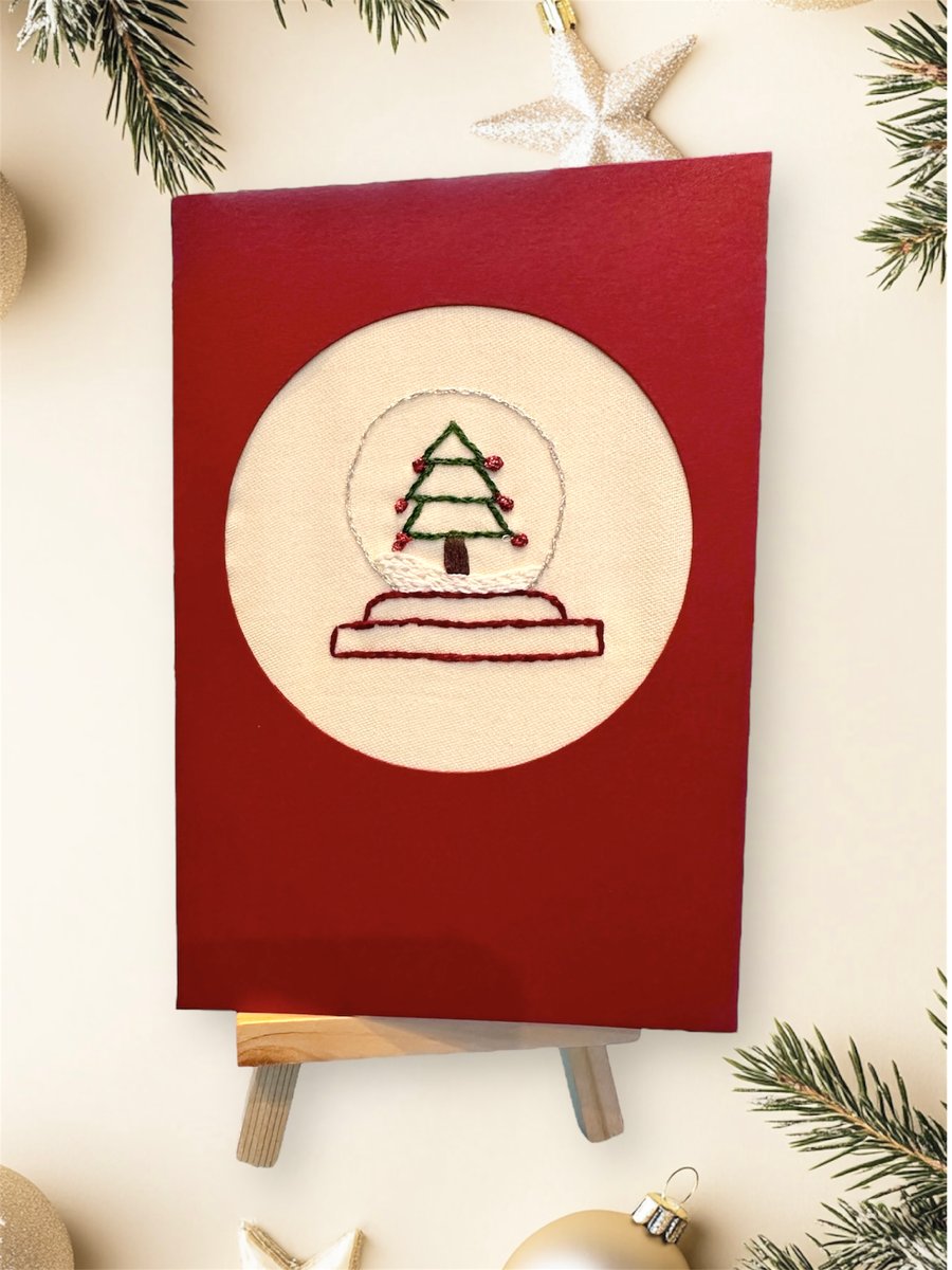 Embroidered Christmas card picture, traditional snow scene,  silver snow globe