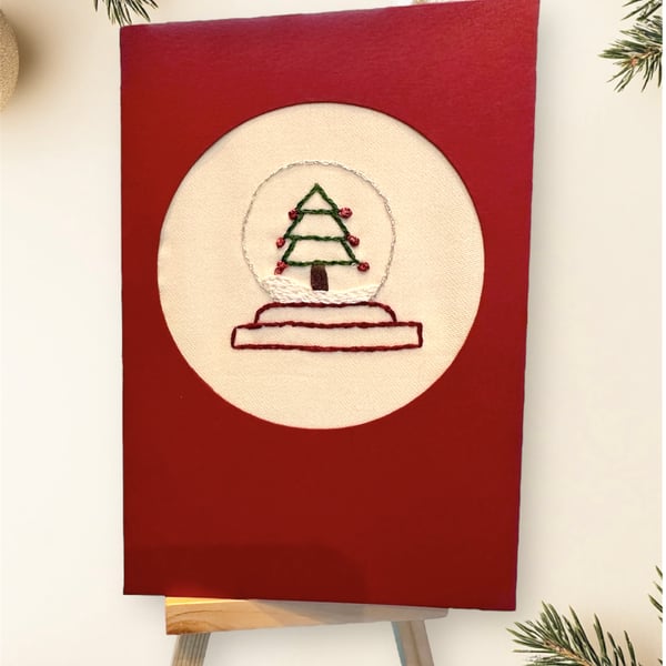 Embroidered Christmas card picture, traditional snow scene,  silver snow globe