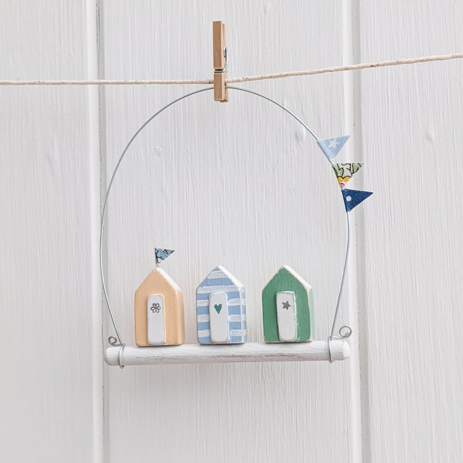 Tiny Wooden Beach Huts, Hanging Nautical Decoration