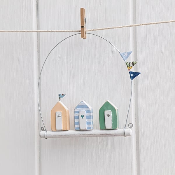 Tiny Wooden Beach Huts, Hanging Nautical Decoration