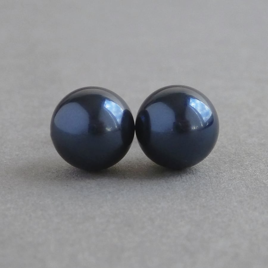 10mm Navy Glass Pearl Stud Earrings - Chunky Dark Blue Studs for Women - Gifts