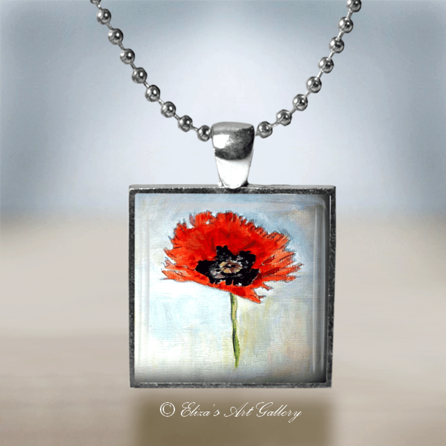 Silver Plated Red Poppy Flower Art Pendant Necklace