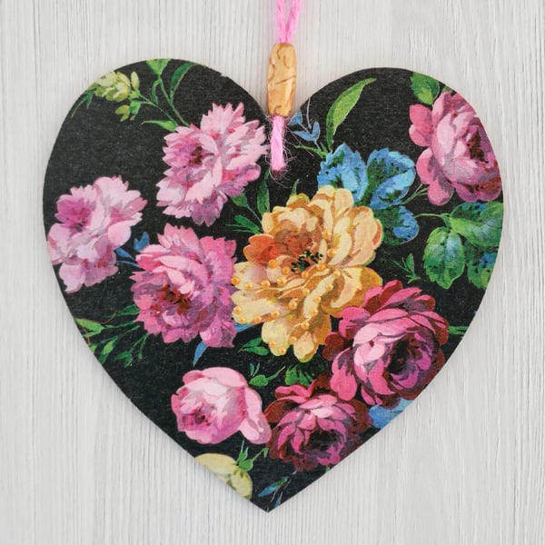 Decoupaged Wooden Hanging Heart 15cm (6”) Pink & Yellow Flowers