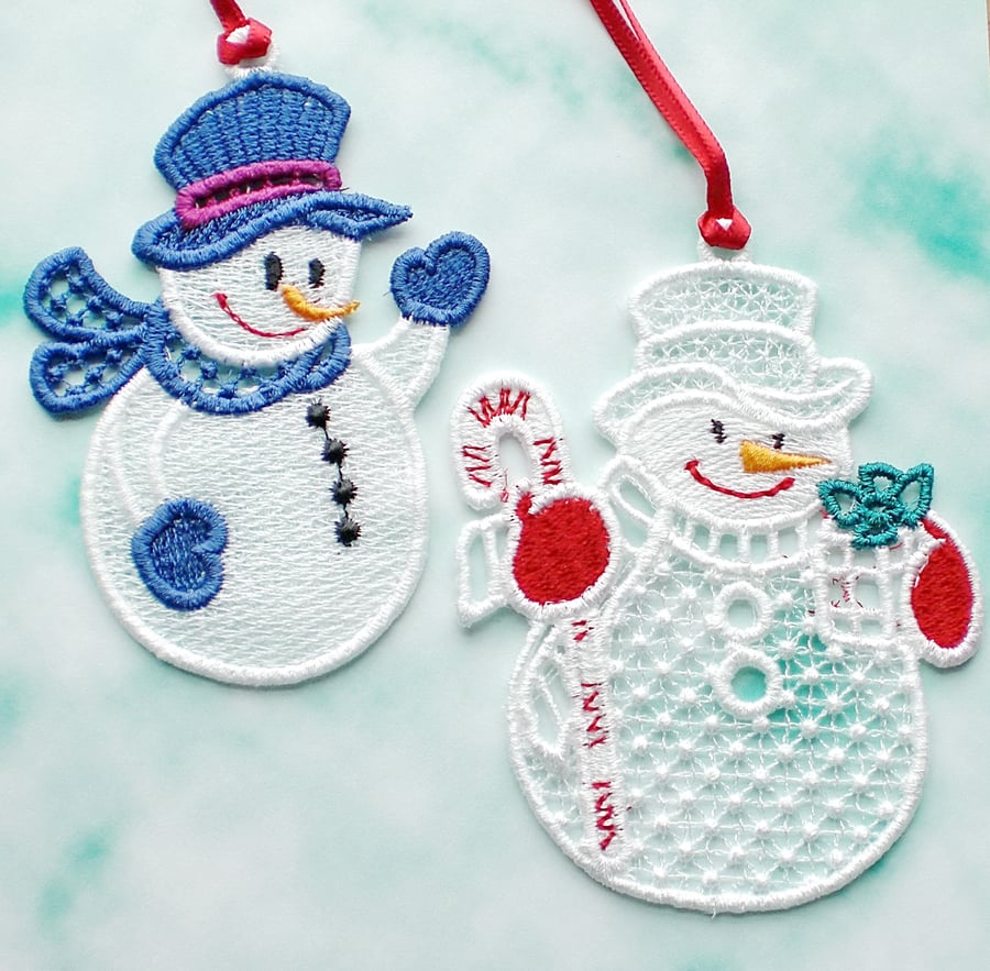 SALE Embroidered Lace snowmen, set of 2