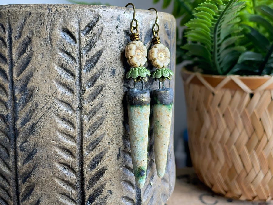 Artisan Ceramic Spike Earrings with Czech Glass Flowers. Cream, Bronze & Green