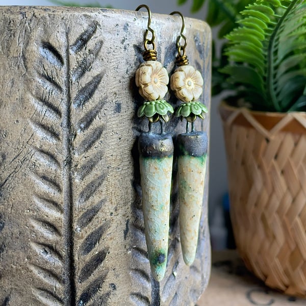 Artisan Ceramic Spike Earrings with Czech Glass Flowers. Cream, Bronze & Green