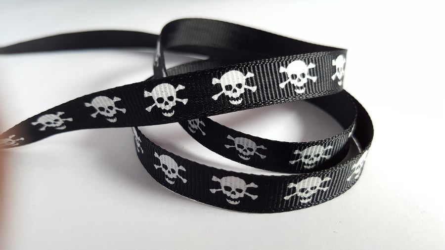 3m Ribbon - Printed Grosgrain - 9mm - Skull & Crossbones - Black 