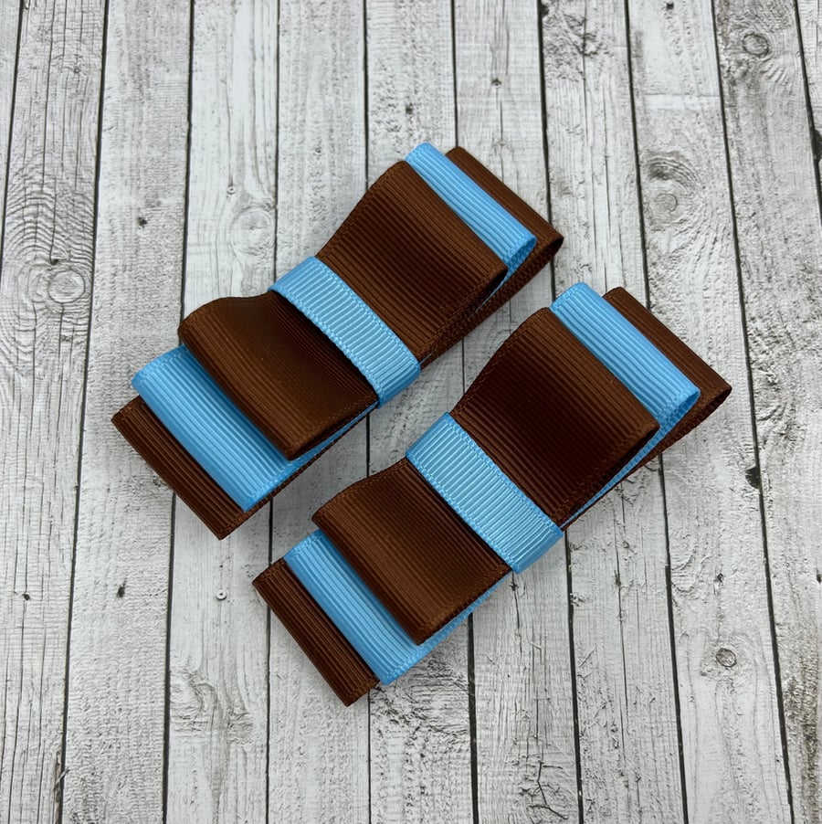 School Brown and Light Blue 3 inch Straight Bows on Clips (pair)