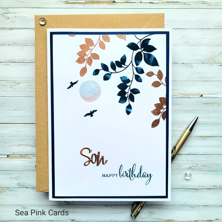 Son Birthday Card - copper and navy, leaves and branches, blank inside