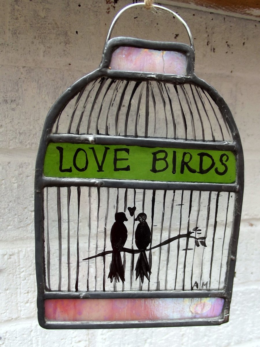 Stained Glass Hand Painted Birdcage with Love Birds, Medium Size 