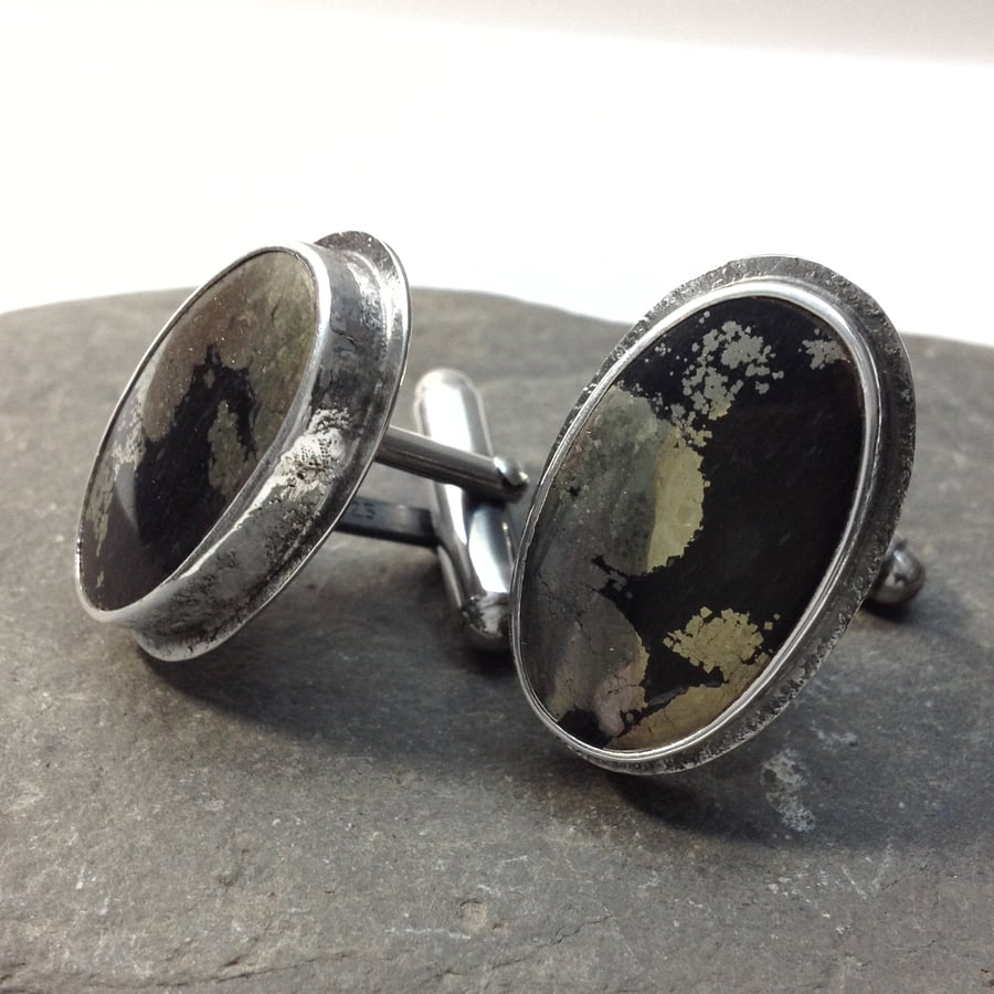 Silver cufflinks with apache tears gemstones