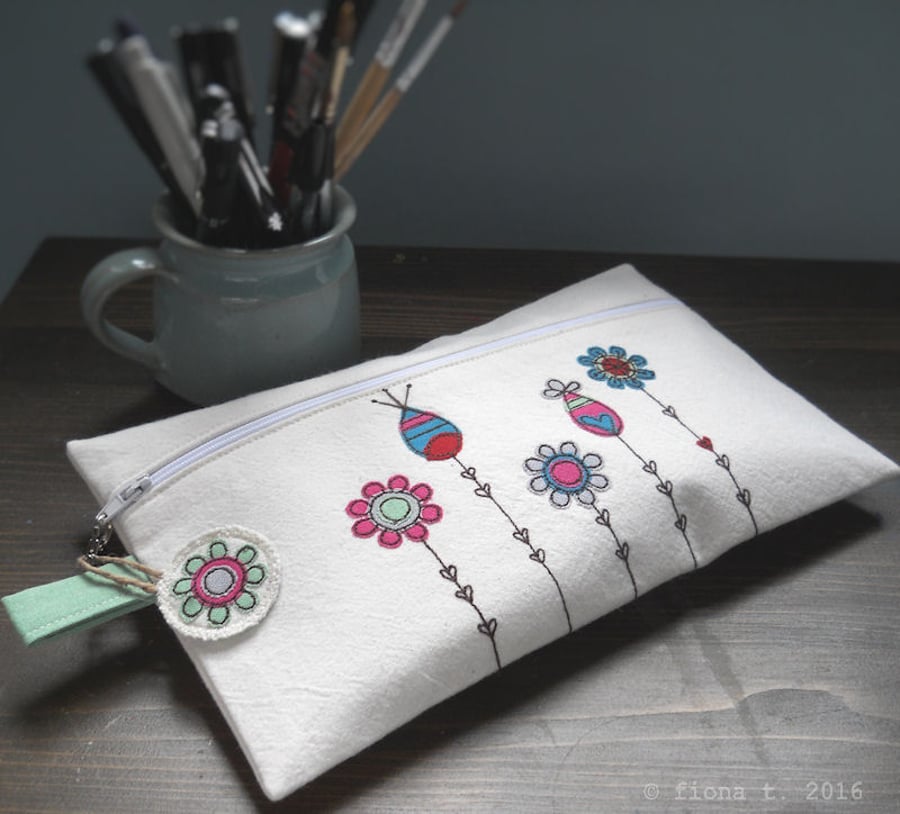 embroidered flowers large pencil case or make-up purse