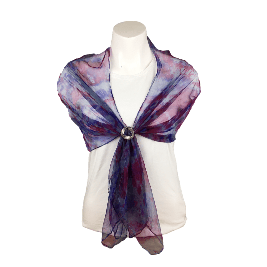 Scarf, grey silk chiffon scarf hand dyed with pink and purple