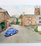 North Hill, Cornwall with Morris Minor Classic Car Watercolour Painting - Image 2