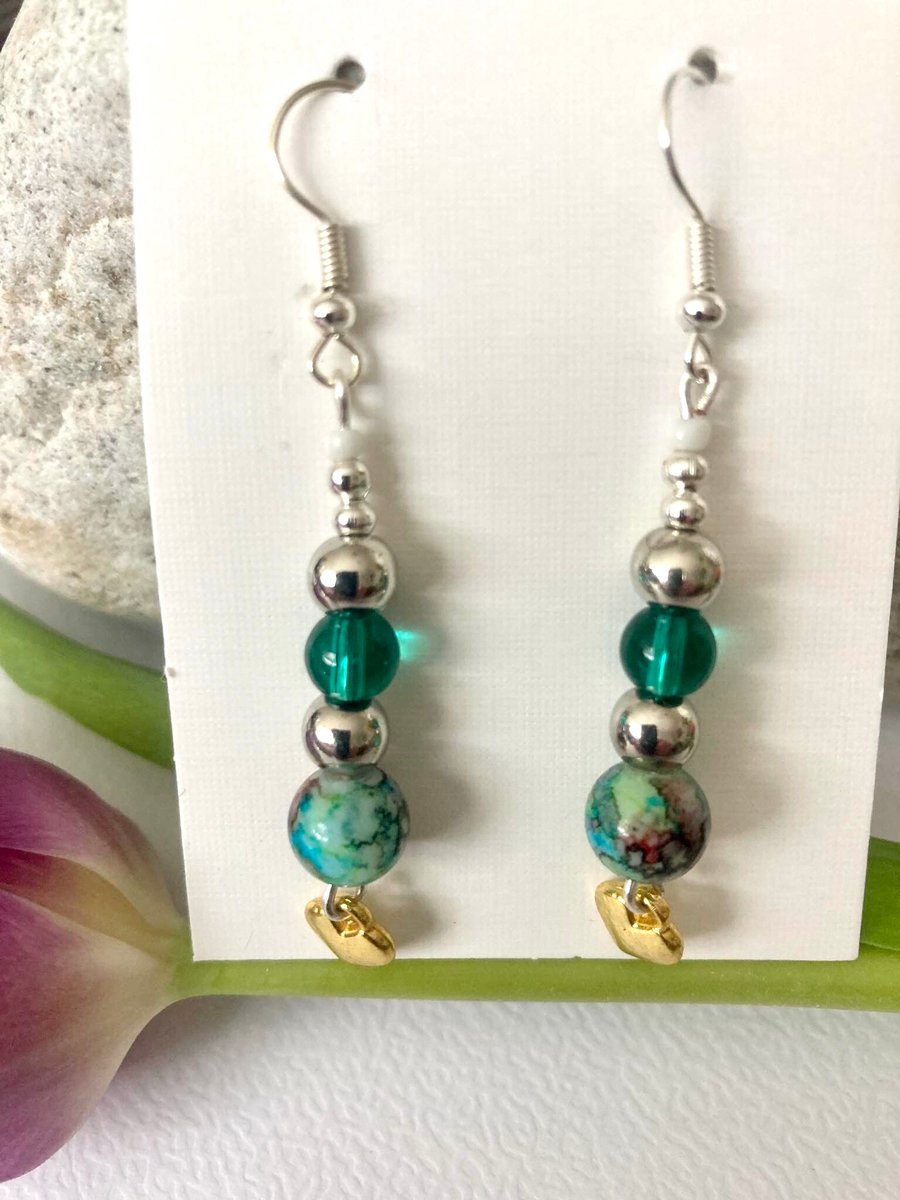Earrings- Silver Plated - Ocean Beads and Gold heart - Boho style, Freepost