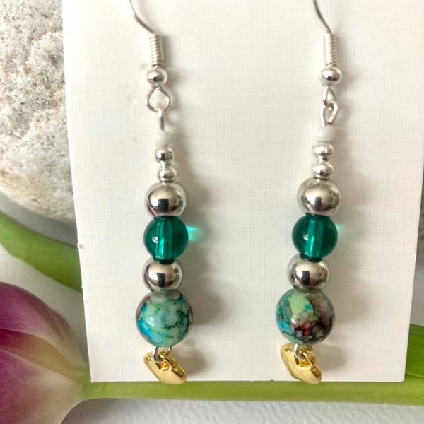 Earrings- Silver Plated - Ocean Beads and Gold heart - Boho style, Freepost