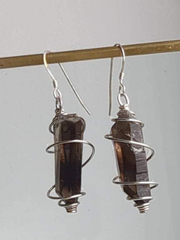 Smokey quartz stick crystal sterling silver dangle earrings 