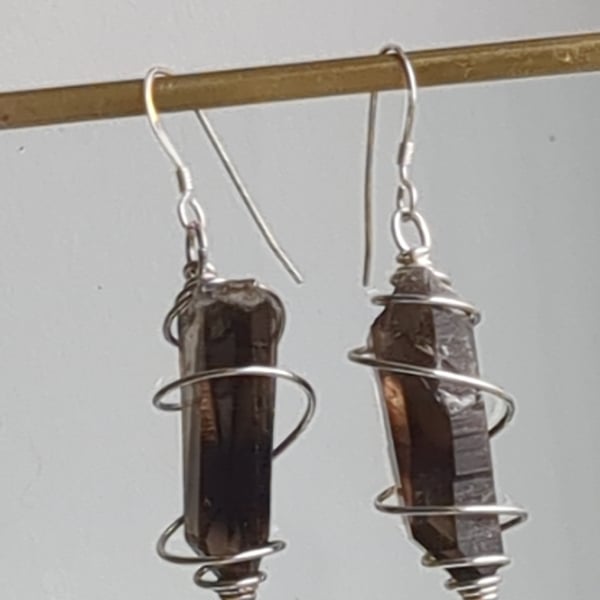 Smokey quartz stick crystal sterling silver dangle earrings 