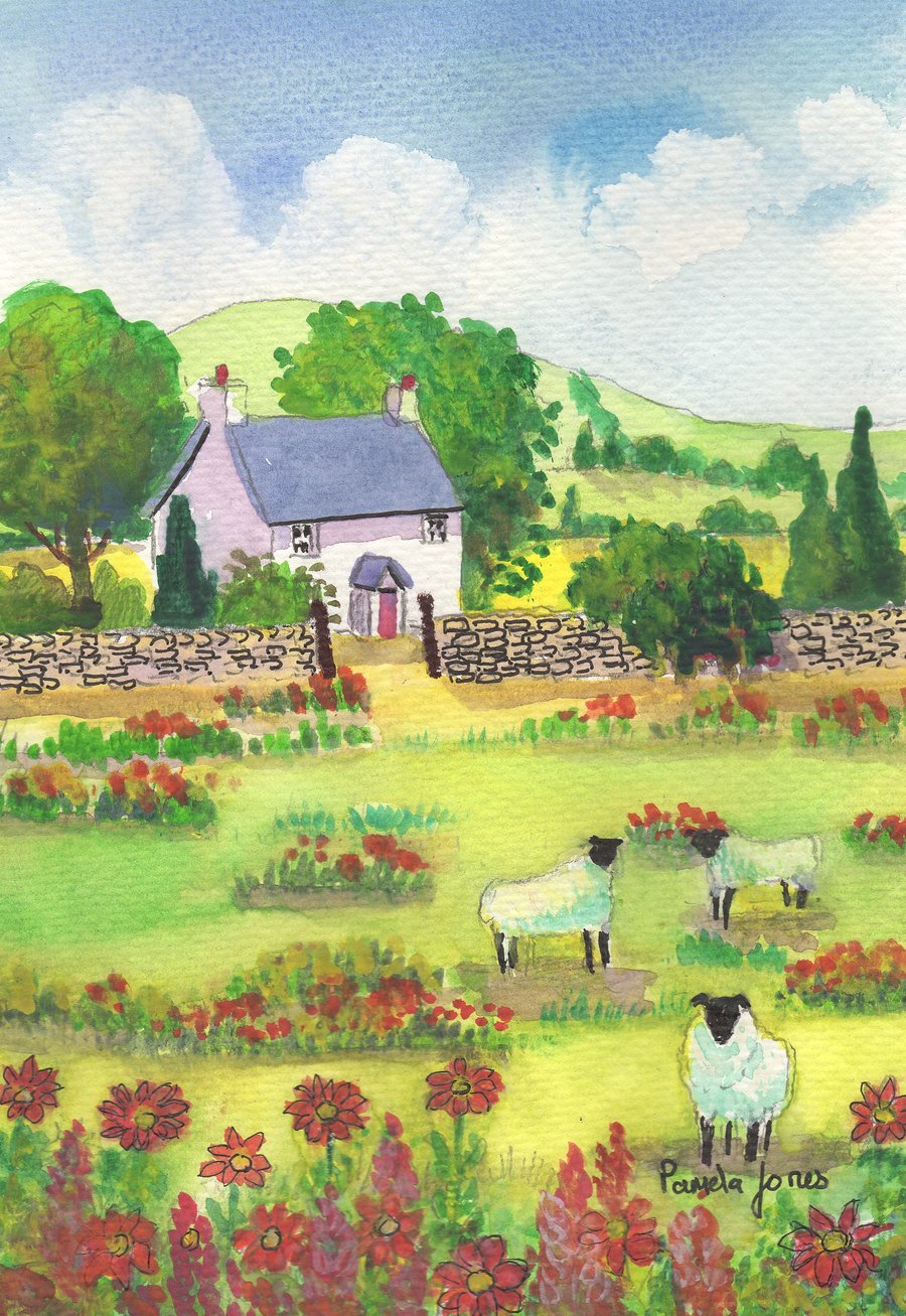Welsh Cottage, Sheep, Original watercolour in 14 x 11 '' Mount