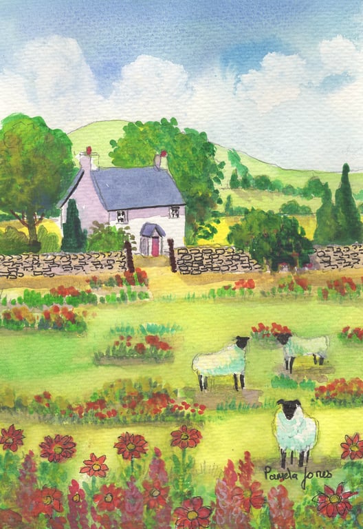 Welsh Cottage, Sheep, Original watercolour in 14 x 11 '' Mount