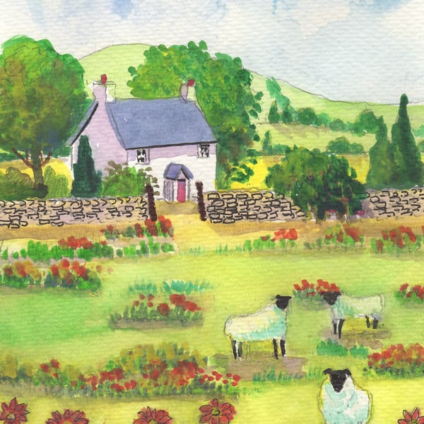Welsh Cottage, Sheep, Original watercolour in 14 x 11 '' Mount