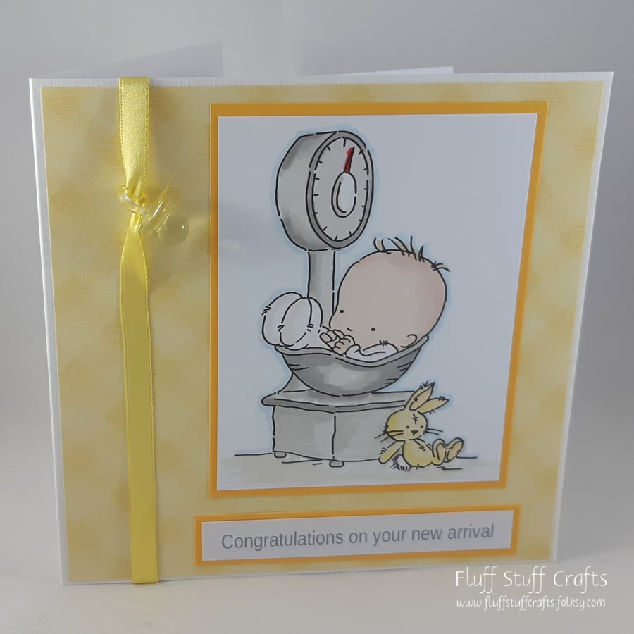 Handmade new baby card - on the scales, unisex, gender neutral