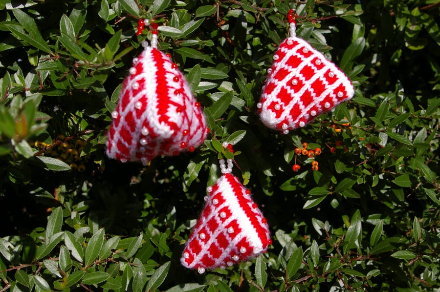 Christmas knitted humbug Decorations a set of three