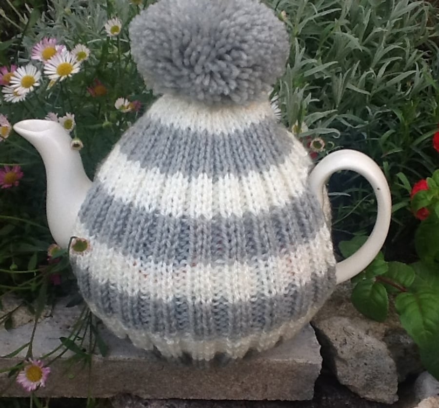 Grey knitted Tea Cosy with Bobble