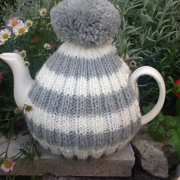 Grey knitted Tea Cosy with Bobble