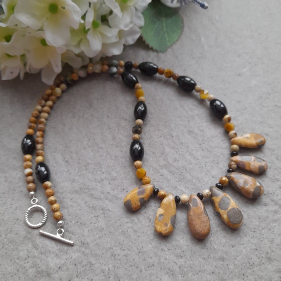 Camel Jasper Tigers Eye Black Agate Sterling Silver Necklace