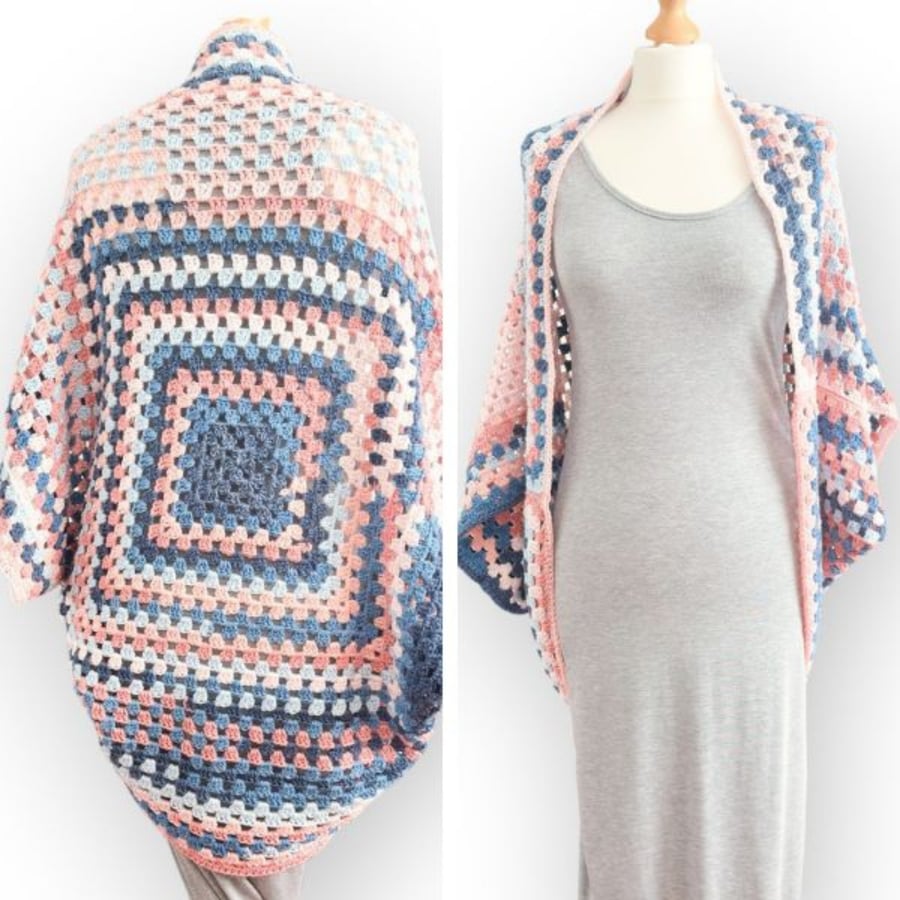 XS-M Cocoon Shrug Cardigan in Variegated Pink and Blue – Granny Square Design