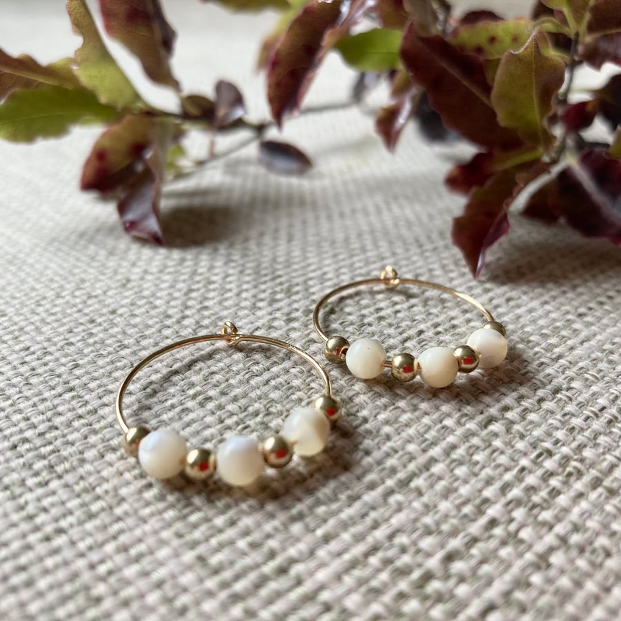 Mother of pearl beaded hoop earrings, filled gold