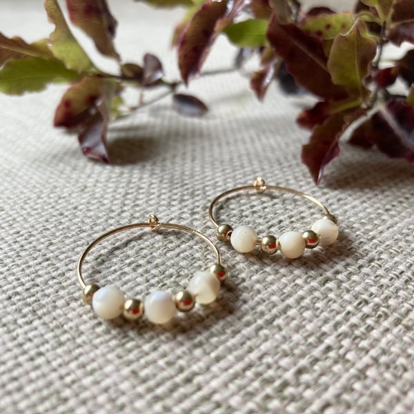 Mother of pearl beaded hoop earrings, filled gold