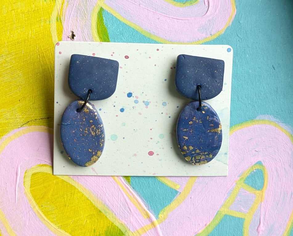 Purple and gold flake polymer clay dangly earrings
