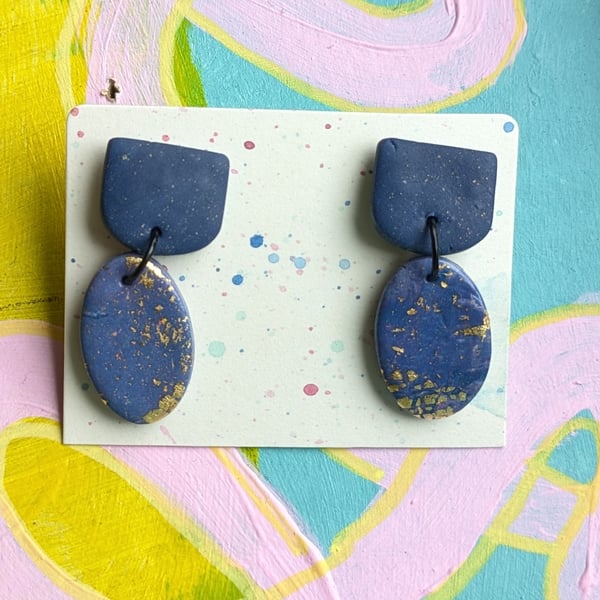 Purple and gold flake polymer clay dangly earrings