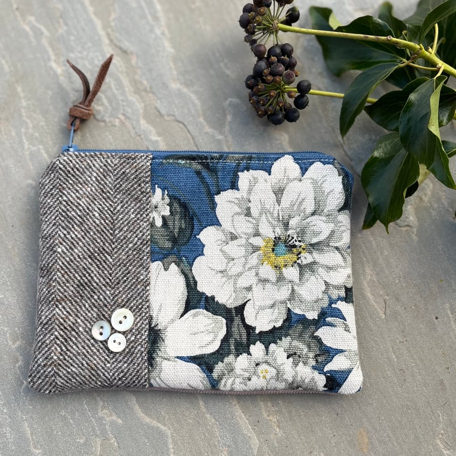 Floral linen and tweed pouch with needlecord back and mother of pearl buttons
