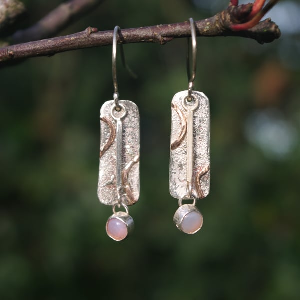 Textured  Silver and Gold  Earrings with Pink Opal Drop